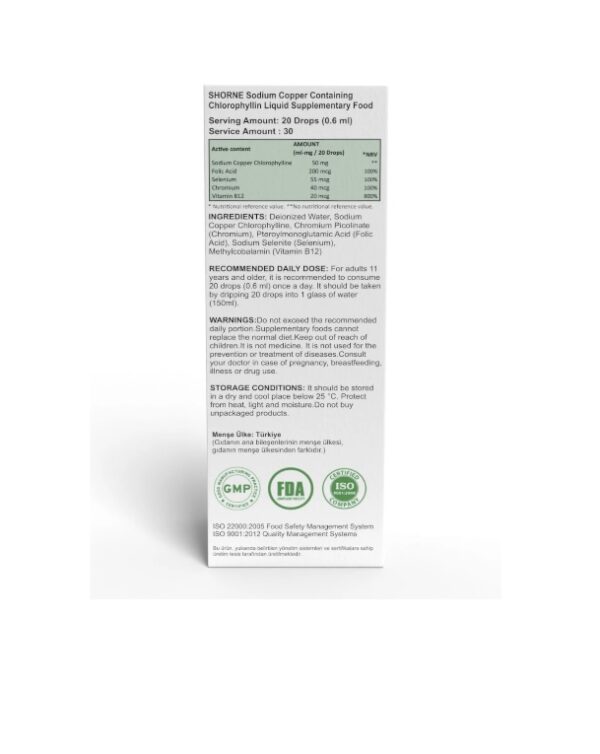 SHORNE Likit Klorofil & Folik Asit & Krom Pikolinat & Selenyum & Vitamin B12 Multivitamin Gıda Takviyesi - Image 3